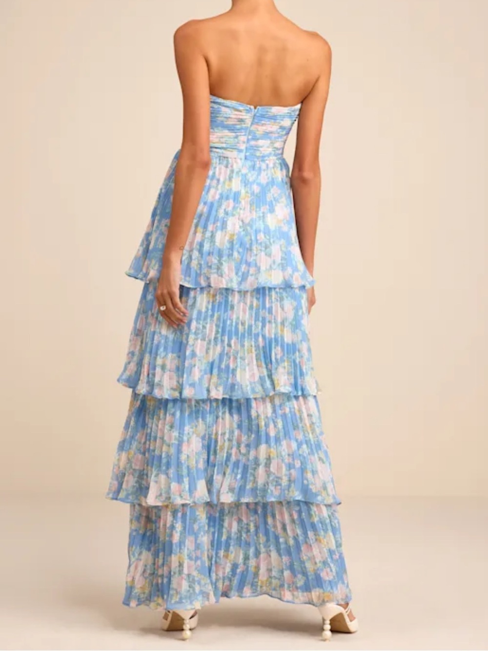 Lulus Seriously Sensational Blue Floral Strapless Tiered Maxi Dress - Size M - Picture 4 of 6